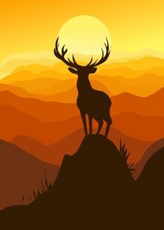 a deer standing on top of a mountain at sunset