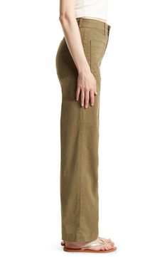 Front patch pockets refresh the look of perfectly wide-leg pants with a flattering high waist that make a retro-cool statement. 30" inseam; 20" leg opening; 12" front rise 98% cotton, 2% polyurethane Machine wash, line dry Made in the USA or imported Elevated Casual Wide Leg Pants With Side Pockets, Spring Utility High Rise Wide Leg Pants, Spring High Rise Utility Wide Leg Pants, Spring Utility Wide Leg Pants, Modern Wide Leg Pants With Welt Pockets, Retro Wide Leg Cotton Cargo Pants, Relaxed Fit Wide Leg Utility Pants, Utility Wide Leg Pants With Relaxed Fit, Utility Style Relaxed Fit Wide Leg Pants