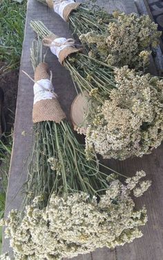 several bundles of dried flowers sitting on top of a wooden table