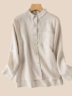 Women's Cotton Linen Shirt Lapel Collar Front Pocket Ladies Linen Vintage Blouse Top Plain Collared Blouse For Spring, Collar Blouse With Pockets For Daywear, Beige Tops With Casual Collar For Spring, Beige Casual Collar Top For Spring, Beige Top With Casual Collar For Spring, Spring Beige Top With Casual Collar, Plain Long Sleeve Linen Top, Beige Collared Top For Daywear, Beige Long Sleeve Top For Daywear