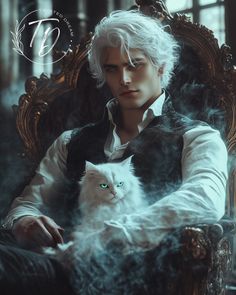 a man sitting in a chair holding a white cat