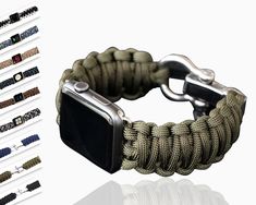 Apple Watch Paracord Rope Nylon band, Handmade Men Army Sport Strap iWatch, Military Tactical Survival Style The New Apple Watch Series is compatible with all existing bands.Size 38/40mm will fit the new 41mm Apple watch, For the 45mm choose sizes 42/44mm. This cool watch band is available in all Apple watch face sizes 38mm, 40mm, 41mm, 42mm, 44mm, 45mm. The actual band fits wrist sizes up to 6.2" - 9.3" wrist Available in colors: Army Green, Blue, Black, Black & White, Brown, Blue & Black, Ligh Adjustable Paracord Watch Bands For Outdoor, Style Apple Watch, New Apple Watch Bands, Apple Watch Wristbands, Apple Watch Face, New Apple Watch, Wrist Bracelet, Tactical Survival, Band Fits