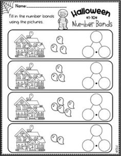 halloween themed worksheet for kids to practice number bonds and counting the numbers on them