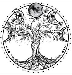 a tree with moon phases on it in a circle, vintage line drawing or engraving