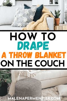 a couch with text overlaying how to draw a throw blanket on the couch