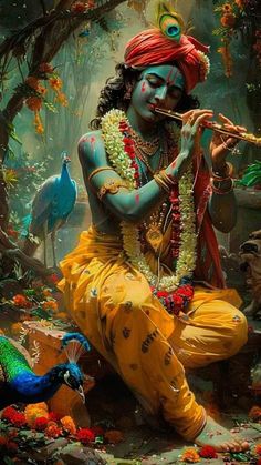 a painting of a man playing the flute in front of peacocks and trees with flowers all around him