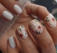 Short Gel Nails Floral, Short Nails Floral Design, Neutral Floral Nails Short, Bridal Nails Flowers, Bridal Nails With Color, Blush Floral Nails, Nails With Greenery Design, Spring Russian Manicure, Bridal Nails Boho