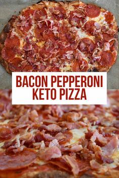 bacon pepperoni keto pizza is shown in two different pictures with the same toppings