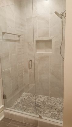 a walk in shower sitting inside of a bathroom