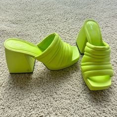 Nwot. Never Worn. Green Chunky Heel Trendy Green Slip-on Heels, Green Square Toe Heels For Spring, Spring Green Square Toe Heels, Green Slip-on Sandals With Padded Heel, Green Synthetic Sandals With Square Toe, Green Synthetic Square Toe Sandals, Green Square Toe Synthetic Sandals, Casual Green Square Toe Sandals, Casual Green Heels With Cushioned Footbed