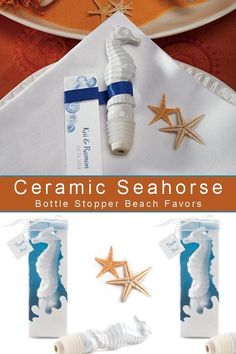 the bottle stopper beach favors are decorated with seashells and starfish