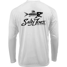 the salty joes long sleeve shirt is white with black fish on it and says salty joe