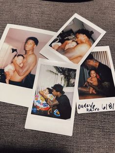 four polaroid photos of people and their babies