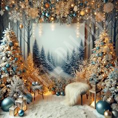 an image of christmas decorations and trees in the background with snowflakes on them