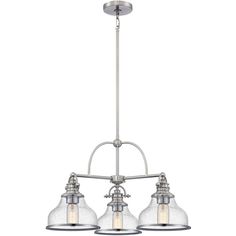 three light chandelier with clear glass shades on the bottom and two lights above it