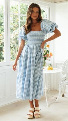 Plaid Puff Sleeve Midi Dress Diy Sy, Fresh Dress, Puff Sleeve Midi Dress, Marine Uniform, Modest Clothing, Statement Dress, Neck Bodycon Dress, Bubble Sleeve, Sleeve Midi Dress