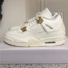 White And Gold Jordan White And Gold Jordan 4, Bedazzled Shoes Diy, Fire Shoes, Nike Shoes Air Force