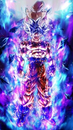 the dragon ball character is surrounded by many blue and purple lights, while he looks like he