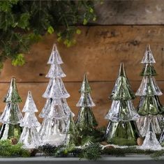 christmas trees are lined up on a table