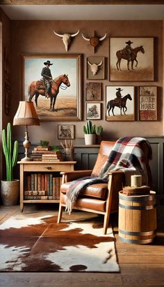 a living room filled with furniture and pictures on the wall next to a cowhide rug