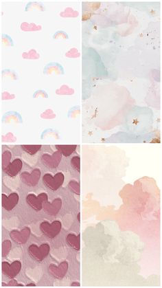 four different patterns with hearts and clouds on them in pink, blue, green, yellow and white colors