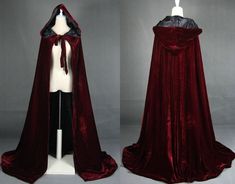 Wine red black velvet hooded cloak wedding cape Halloween wicca robe coat Item description: Velvet made with my personal attention to detail and design! Super sized Medieval hood - 22" high by 17" deep! Full 51 -- 63 Inches ( size:S, M, L, XL or XXL for pick ) - ( back of neck to bottom hem ) Gothic circumference - 185-195 ( size: S, M, L, XL or XXL for pick ) inches around bottom hem!                      Size Chart / Cloak Sizing Guide: My Size Cloak Length Your Height Shoulder Height S 4'5" 4 Witch Wedding, Wedding Cloak, Costume Capes, Fest Outfits, Wedding Cape, Medieval Costume, Hooded Cloak, Medieval Dress, Fantasy Dress