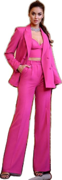 Elegant High Waist Pink Pantsuit, Pink Fitted Pantsuit, Formal Pink High-waist Wide Leg Pants, Pink High-waisted Pantsuit For Party, Pink Fitted Trousers Pantsuit, Formal Pink Wide-leg Pants, Elegant Pink Wide Leg Pants For Party, Elegant Pink Suit With Straight Pants, Pink Formal Suits With Straight Pants