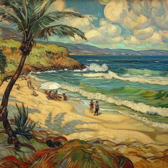 a painting of people walking on the beach by the ocean with palm trees in the foreground