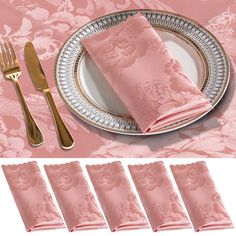 a set of four place settings with pink napkins