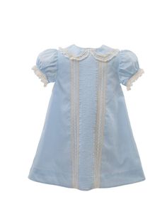 With our fully-lined Fancy Front A-Line Dress, every detail is stitched with care. The design includes French lace edging the Peter Pan collar, banded puffed sleeves edged with French lace ruffles, pintuck panels and full accents. The material is fine 100% cotton lawn so that your little one will have the utmost comfort. Colors include white, pink, blue and yellow. We have several Heirloom pieces ready to ship! Order yours today.  If out of stock, please allow 7 to 14 days for delivery. Elegant Cotton Dress With Scalloped Edges, Elegant Light Blue Dress With Lace Trim, Cotton Dresses With Scalloped Edges And Short Sleeves, Light Blue Lace Dress With Lace Trim, Blue Dresses With Lace Collar For Daywear, Blue Cotton Dress With Lace Patchwork, Blue Spring Dress With Lace Collar, Spring Blue Dresses With Lace Collar, Blue Dress With Lace Collar For Spring