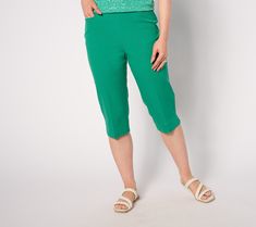 A touch of stretch and an elastic waistband make these pedal pushers a comfortable choice. The crease down the front and back is a sophisticated detail you'll love. From Isaac Mizrahi Live!TM. Summer Comfort Stretch Pull-on Pants, Summer Comfort Stretch Pants With Pull-on Style, Spring Comfort Stretch Short Bottoms, Stretch Capri Pants With Elastic Waistband, Spring Pants With Elastic Waistband And 4-way Stretch, Stretch Tapered Leg Capris With Elastic Waistband, Spring Elastane Capri-length Capris, Spring Elastane Capri-length Pants, Spring Elastane Capri Pants