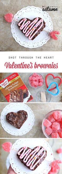 valentine's brownies with pink and white frosting in the shape of a heart