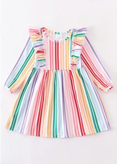 Girls Striped Rainbow Flutter Sleeve Dress -95% Polyester, 5% Spandex -Machine washable Long Sleeve Summer Dress, Toddler Dresses, Sewing Kids Clothes, Princess Inspired, Gujarati Quotes, Rainbow Dress, Girls Stripes, Pink Gingham, Frock Design