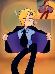 an animated man in a suit and tie is holding up his jacket to the side