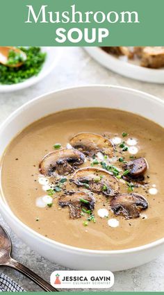 mushroom soup in a white bowl with text overlay