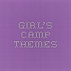 the words girls camp themes are written in white letters on a purple background with squares