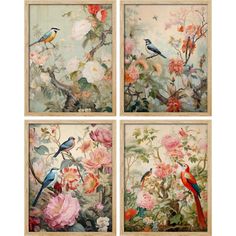 four paintings with flowers and birds on them