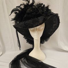 Vintage Elsie Massey Original Black Pleated Satin Top With Black Roses & Black Feathers. It Is Finished Off With A Black English Netting Bow In The Back. New But The Tag Has Been Removed. Em3071 Victorian Goth Accessories, Gothic Head Accessories, Vkei Accessories, Victorian Hats Woman, Victorian Headpiece, Gothic Hats, French Hats, Black Headpiece, Bat Hat