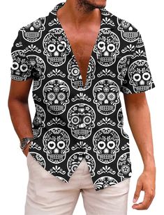 PRICES MAY VARY. Various Occasions - day of the dead costumes is perfect for summer fashion and casual, beach, vacations, themed parties, luau, cruises, camping, fishing, sailing, music festivals, and everyday wear. You can easily pair it with casual pants, Hawaiian shorts, or even swim trunks, creating a relaxed and refreshing summer fashion style. Comfortable Fabric - button up knit shirt is crafted from premium materials, with 94% polyester and 6% spandex, ensuring a soft and comfortable wear Mexico Shirts, Beach Humor, Hawaiian Shorts, Men's Button Down Shirt, Hawaiian Print, Summer Refreshments, Mens Hawaiian Shirts, Collar Designs, Beach Shirts