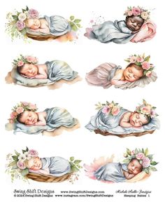 baby sleeping in a basket with flowers on her head and the words sleeping child designs above it