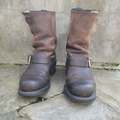 Vintage Frye Mid-Height Engineer Boots. Size 6.5 Womens. Frye White Label. Brown Waxy Leather. Harness Features Silver Buckle. Pre-Loved Vintage Condition. Heavy Signs Of Wear On Outer Heels As Pictured. Engineer Boots, Harness Boots, Frye Boots, Leather Harness, Frye Shoes, White Label, Moto Boots, Tall Boots, Brown Boots