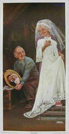 an older man holding a baby next to a painting of a woman in a wedding dress