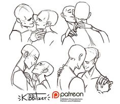 some sketches of people hugging each other and one is looking at the camera with his eyes closed