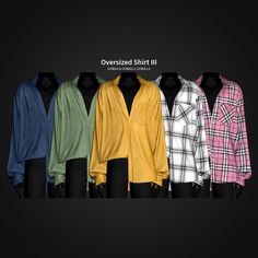 several different colored shirts on mannequins in front of a black background with the words oversized shirt