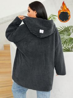 Plus Size Women Letter Printed Drop Shoulder Long Sleeve Casual Drawstring Hoodie, For Winter Dark Grey Casual  Long Sleeve Knitted Fabric Letter,Plain Teddy Slight Stretch Fall/Winter Women Plus Clothing, size features are:Bust: ,Length: ,Sleeve Length: Comfortable Long Sleeve Fleece Hooded Jacket, Cozy Gray Fleece Sweater, Hooded Hoodie With Drawstring For Winter, Hooded Jacket With Drawstring For Loungewear, Hooded Drawstring Jacket For Loungewear, Long Sleeve Hooded Jacket With Drawstring For Loungewear, Cozy Fit Gray Hooded Sweater, Oversized Winter Sweatshirt With Drawstring, Winter Drawstring Hoodie For Loungewear