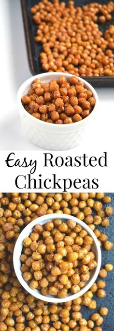 roasted chickpeas in a white bowl and on a baking sheet with text overlay