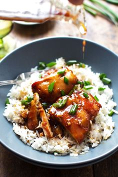 a blue plate topped with rice and chicken