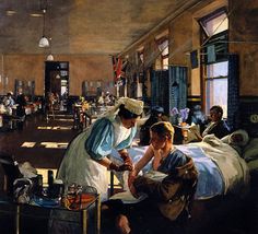 a painting of two nurses tending to a patient in a hospital room with other people sitting and standing around