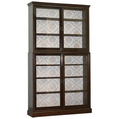 a tall wooden cabinet with glass doors on the front and side panels in dark wood