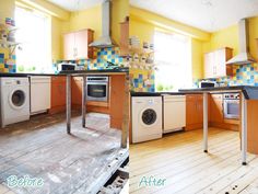 an empty kitchen with yellow walls and wooden flooring in the foreground is a washer and dryer